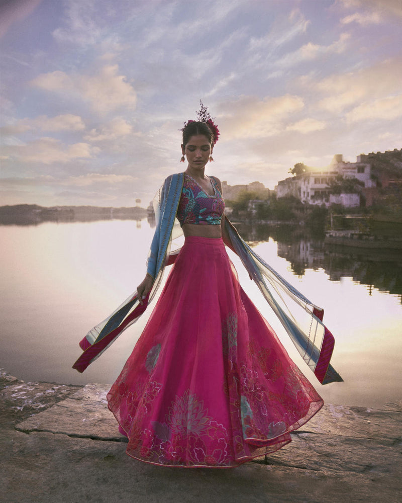 GUL FUSHIA ROSE PINK FLORAL LAHENGA SET by Rajiramniq for women in Singapore