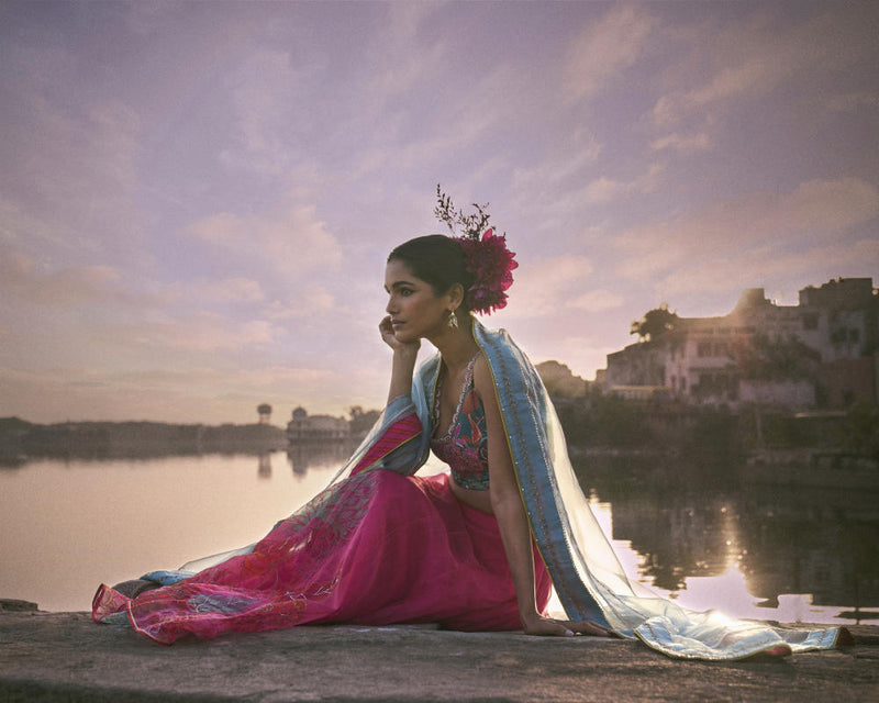 GUL FUSHIA ROSE PINK FLORAL LAHENGA SET by Rajiramniq for women in Singapore