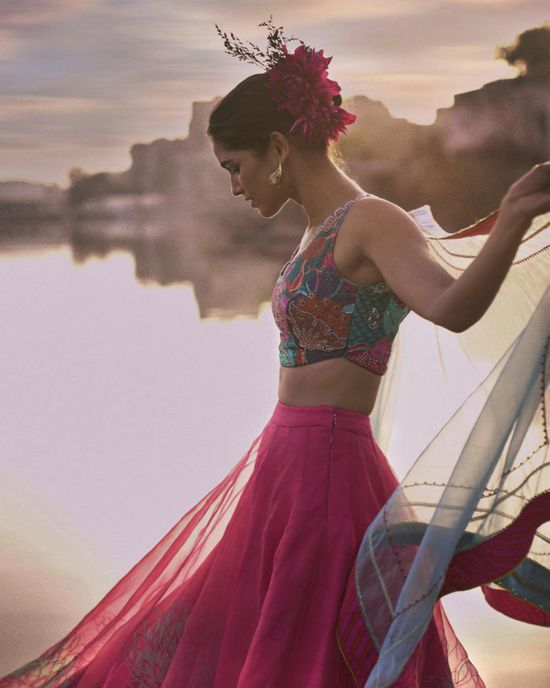 GUL FUSHIA ROSE PINK FLORAL LAHENGA SET by Rajiramniq for women in Singapore