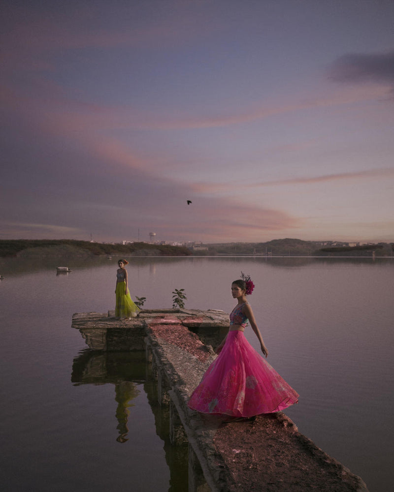 GUL FUSHIA ROSE PINK FLORAL LAHENGA SET by Rajiramniq for women in Singapore