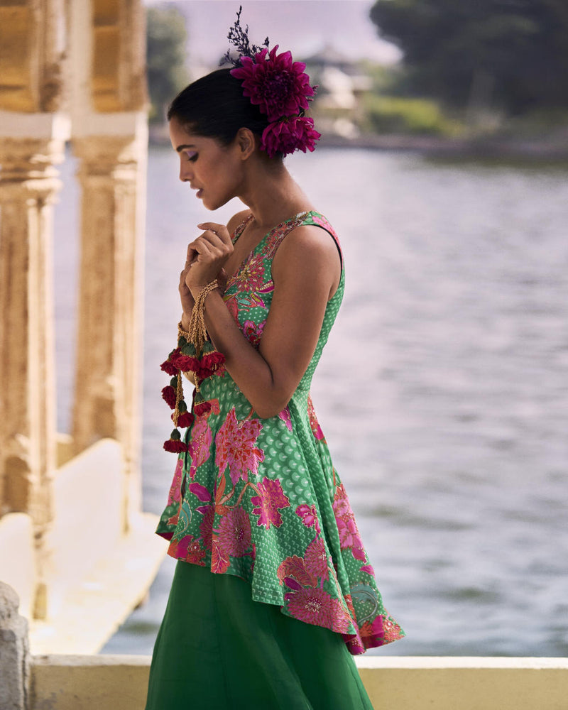 GUL GREEN PEPLUM SHARARA SET by Rajiramniq for women in Singapore