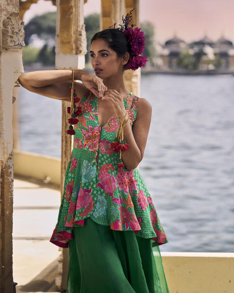 GUL GREEN PEPLUM SHARARA SET by Rajiramniq for women in Singapore