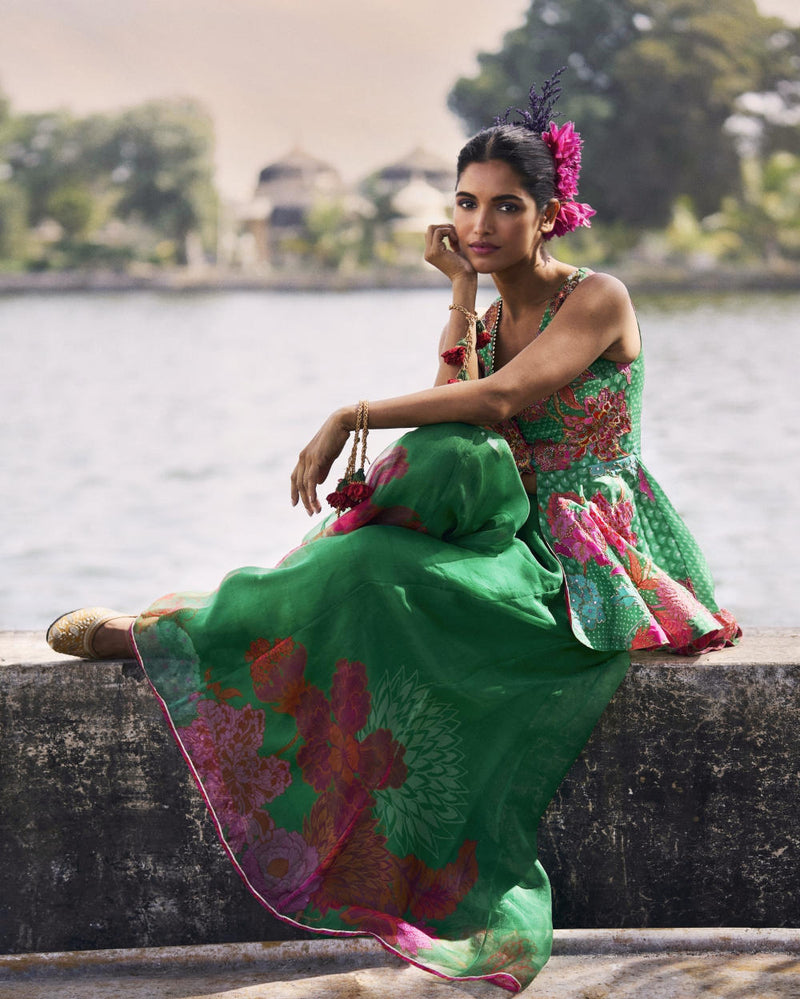 GUL GREEN PEPLUM SHARARA SET by Rajiramniq for women in Singapore