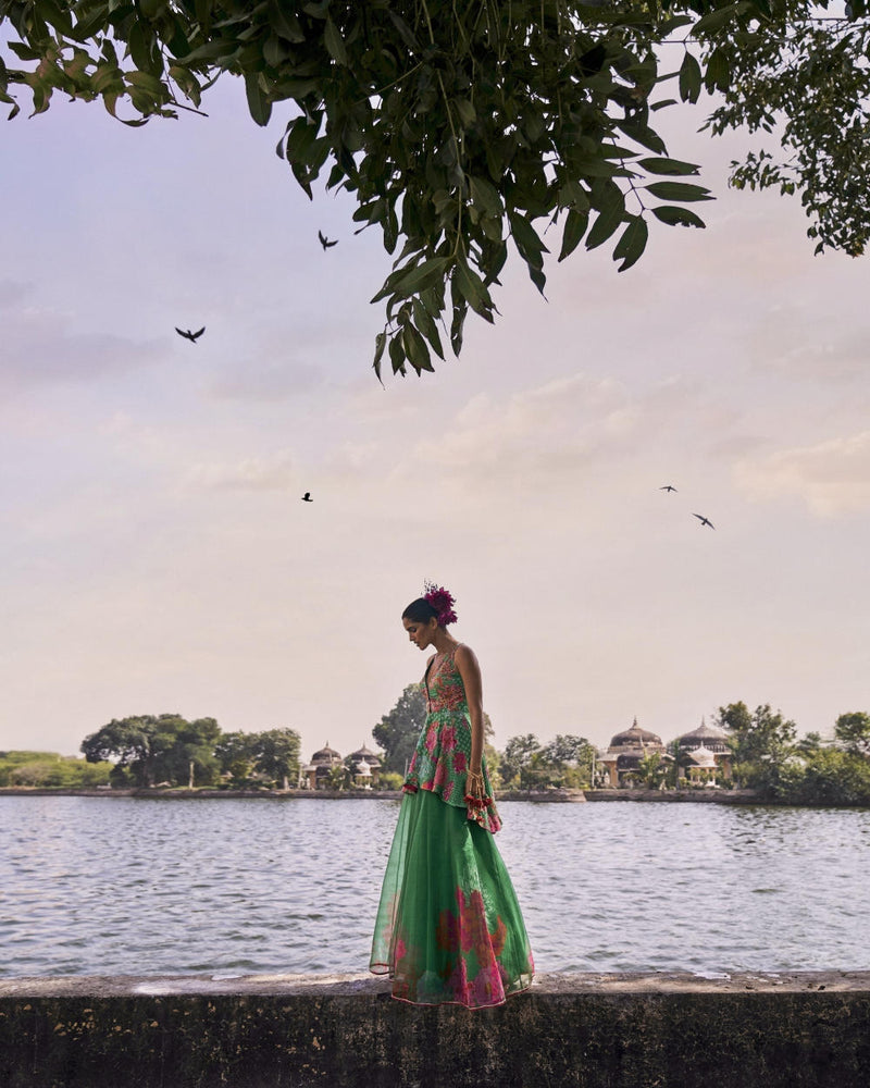 GUL GREEN PEPLUM SHARARA SET by Rajiramniq for women in Singapore