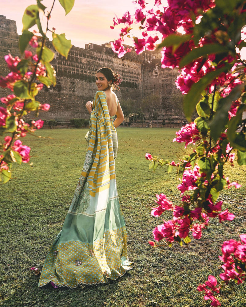 GUL SAGE GREEN PRINTED STRIPE CREPE SARI by Rajiramniq for women in Singapore
