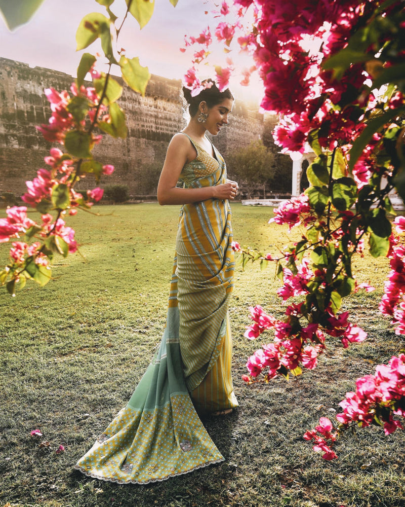 GUL SAGE GREEN PRINTED STRIPE CREPE SARI by Rajiramniq for women in Singapore
