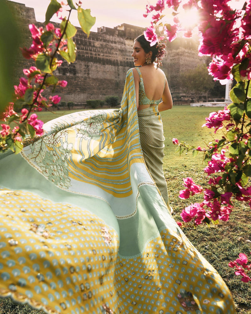 GUL SAGE GREEN PRINTED STRIPE CREPE SARI by Rajiramniq for women in Singapore