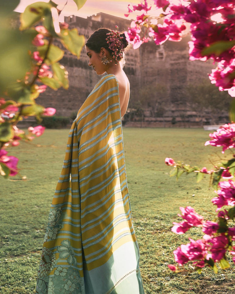 GUL SAGE GREEN PRINTED STRIPE CREPE SARI by Rajiramniq for women in Singapore