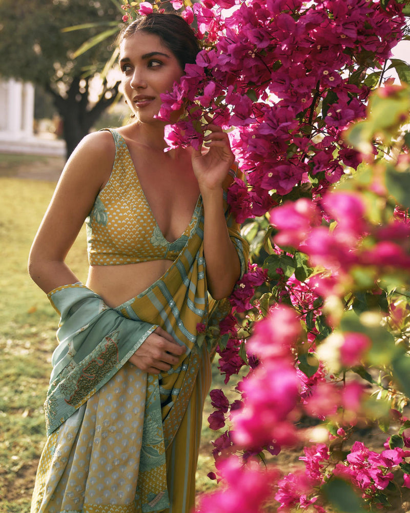 GUL SAGE GREEN PRINTED STRIPE CREPE SARI by Rajiramniq for women in Singapore