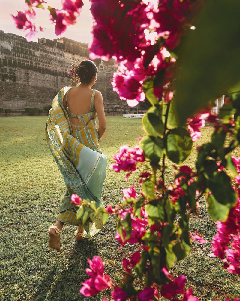 GUL SAGE GREEN PRINTED STRIPE CREPE SARI by Rajiramniq for women in Singapore