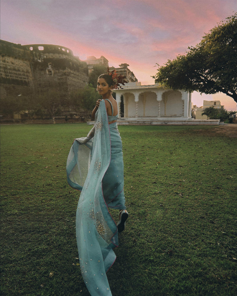 GUL ICE BLUE SEQUIN FLOWER SARI organza by Rajiramniq for women in Singapore