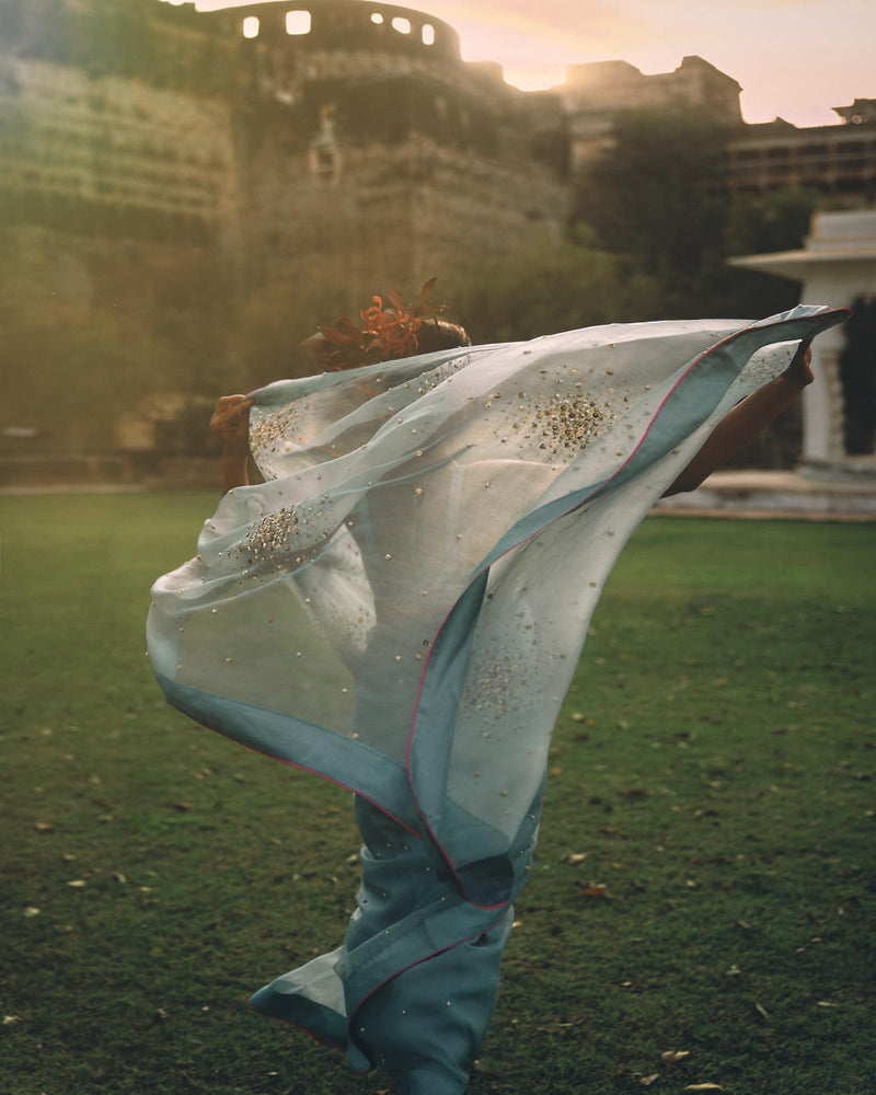 GUL ICE BLUE SEQUIN FLOWER SARI organza by Rajiramniq for women in Singapore