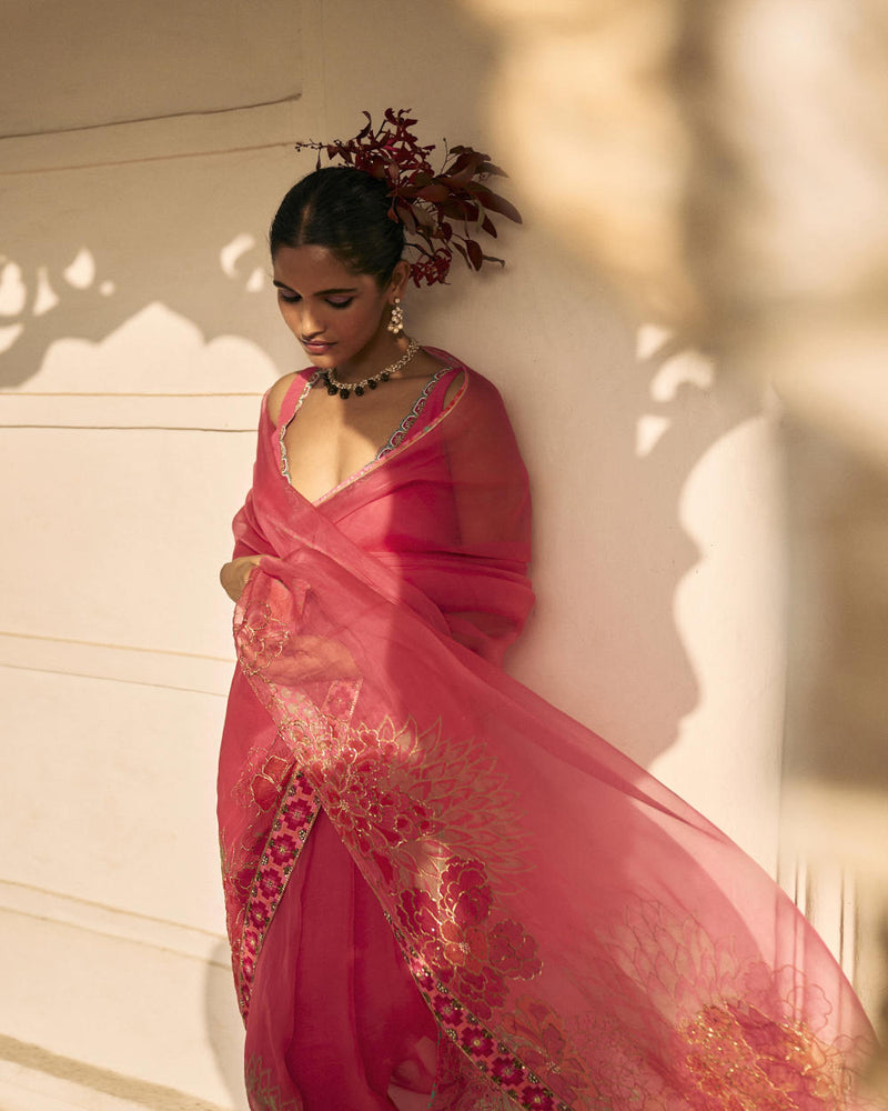 GUL FUSHIA ROSE PINK FLORAL PRINTED ORGANZA SARI organza by Rajiramniq for women in Singapore