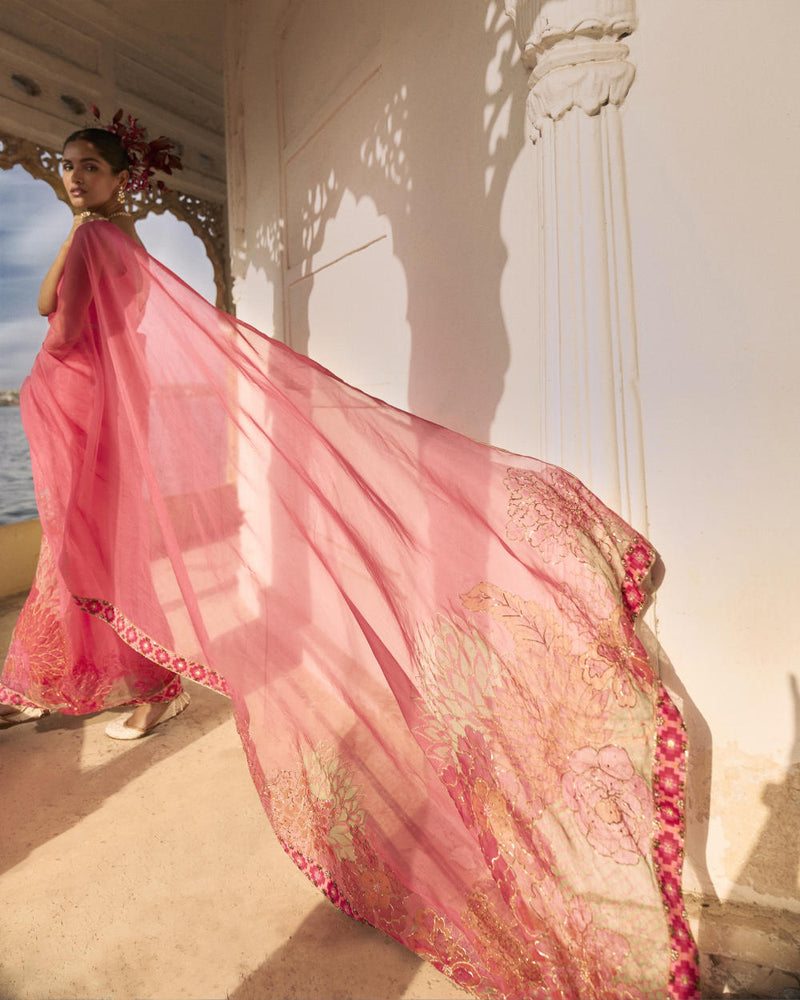 GUL FUSHIA ROSE PINK FLORAL PRINTED ORGANZA SARI organza by Rajiramniq for women in Singapore