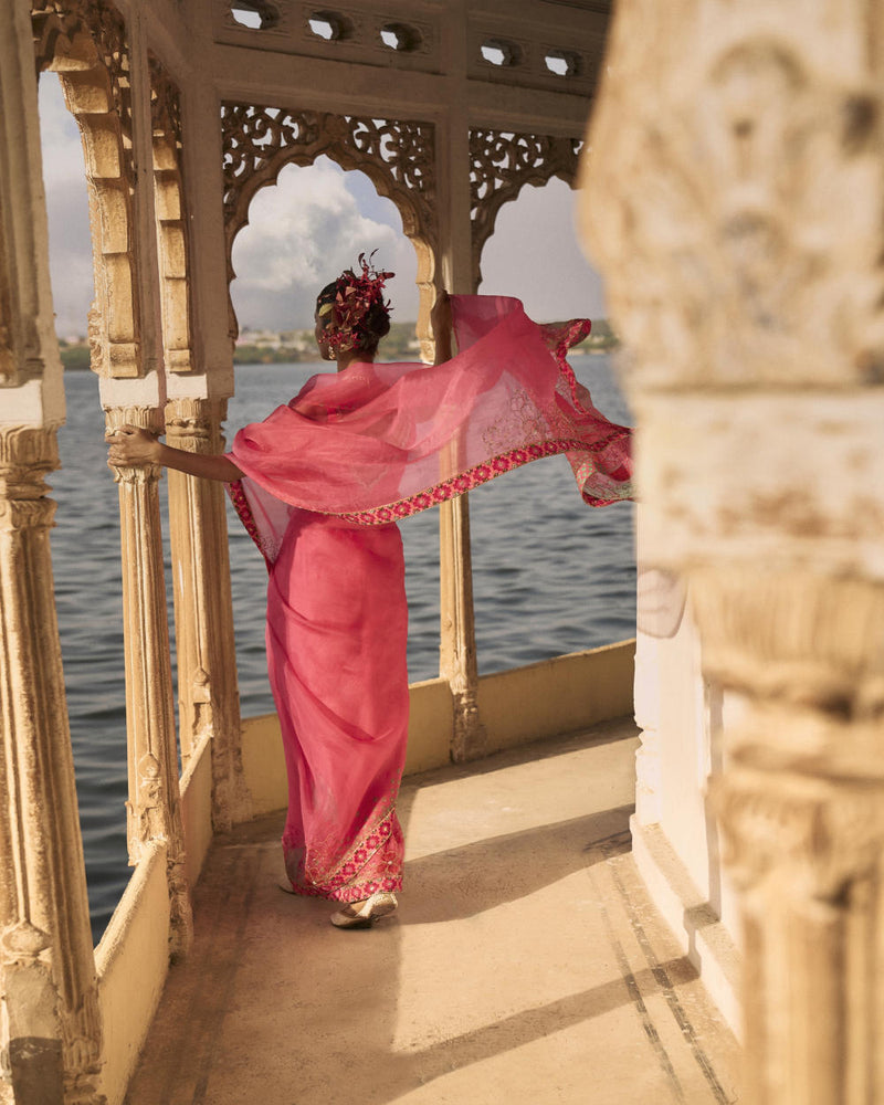 GUL FUSHIA ROSE PINK FLORAL PRINTED ORGANZA SARI organza by Rajiramniq for women in Singapore