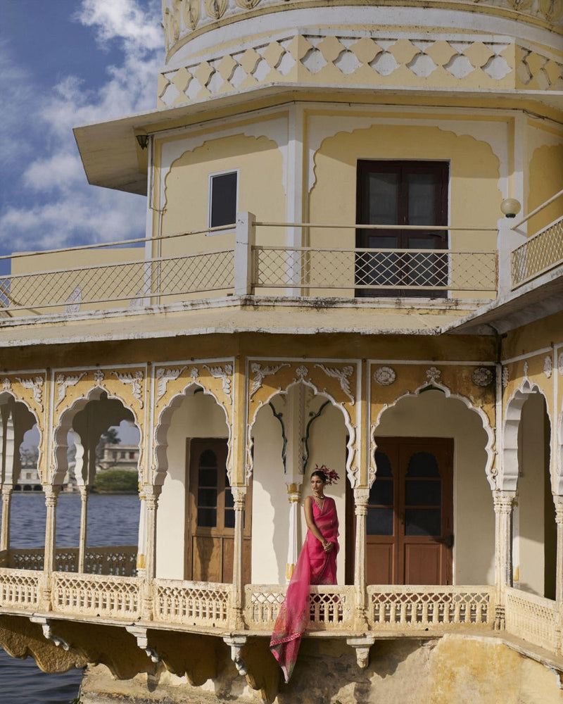 GUL FUSHIA ROSE PINK FLORAL PRINTED ORGANZA SARI organza by Rajiramniq for women in Singapore