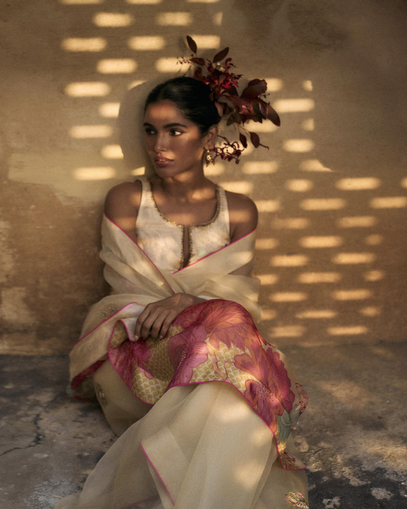 GUL IVORY FLORAL ORGANZA SARI organza by Rajiramniq for women in Singapore