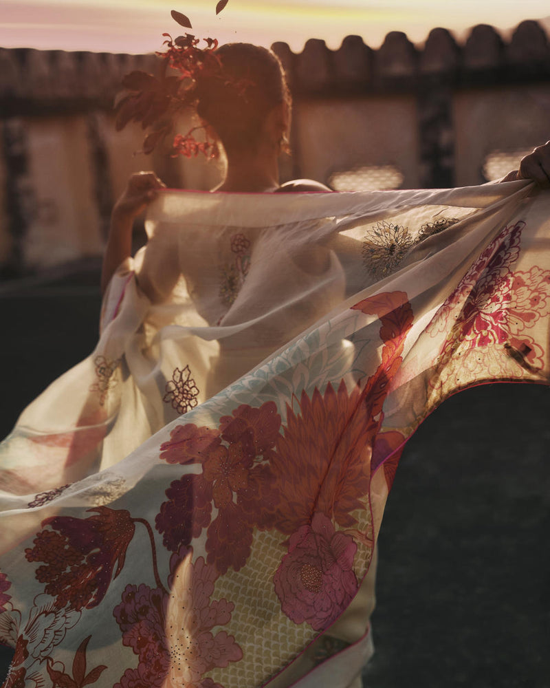 GUL IVORY FLORAL ORGANZA SARI organza by Rajiramniq for women in Singapore