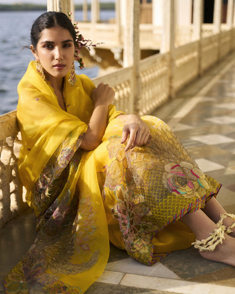 GUL YELLOW FLORAL ORGANZA SARI organza by Rajiramniq for women in Singapore