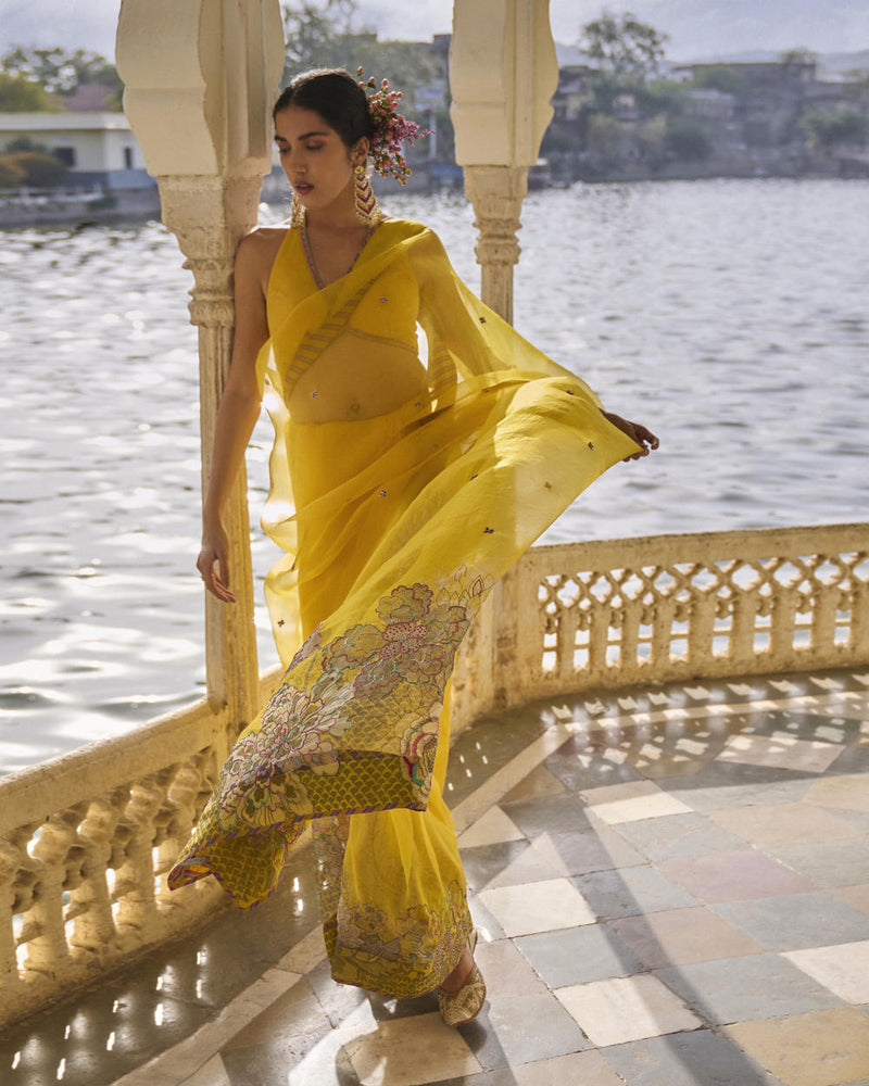 GUL YELLOW FLORAL ORGANZA SARI organza by Rajiramniq for women in Singapore