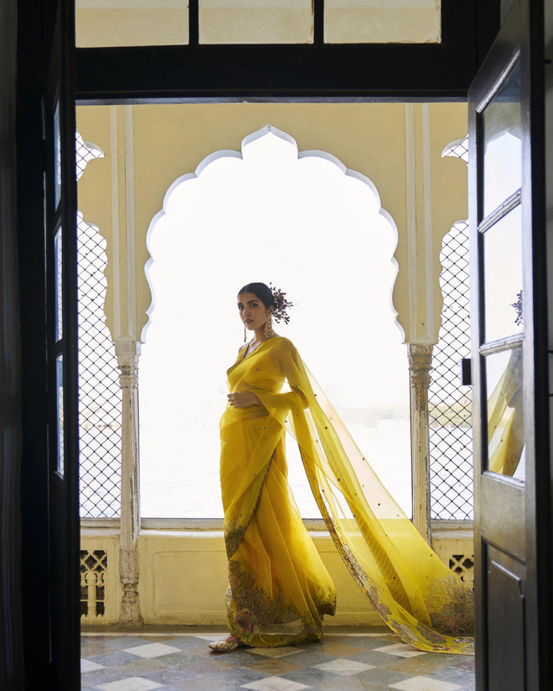 GUL YELLOW FLORAL ORGANZA SARI organza by Rajiramniq for women in Singapore