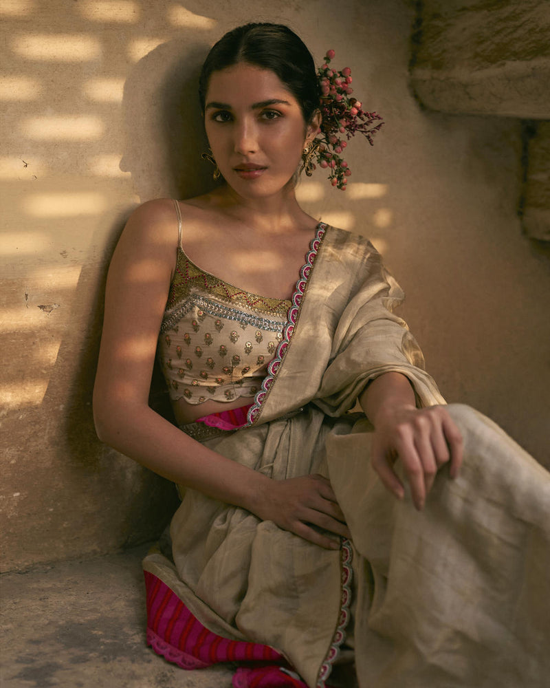 GUL IVORY FLORAL TISSUE SARI silk by Rajiramniq for women in Singapore