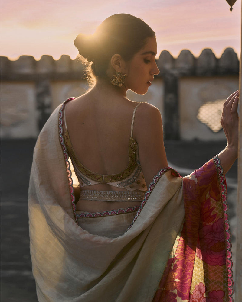 GUL IVORY FLORAL TISSUE SARI silk by Rajiramniq for women in Singapore