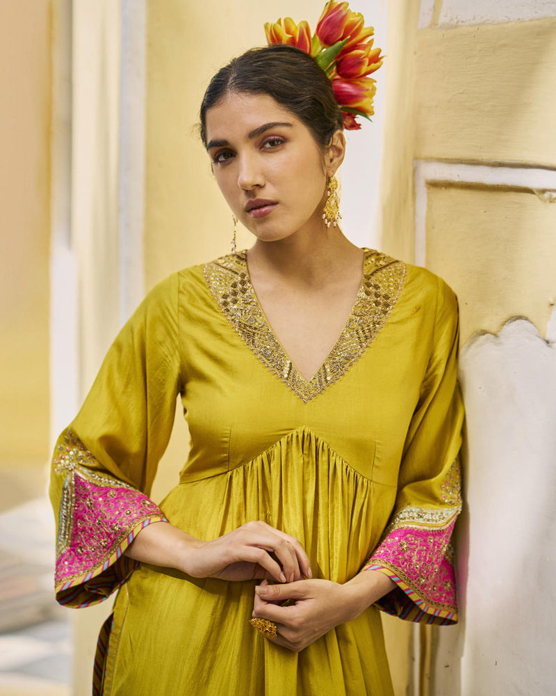 GUL LIME YELLOW BELL SLEEVE SILK KURTA SET silk by Rajiramniq for women in Singapore