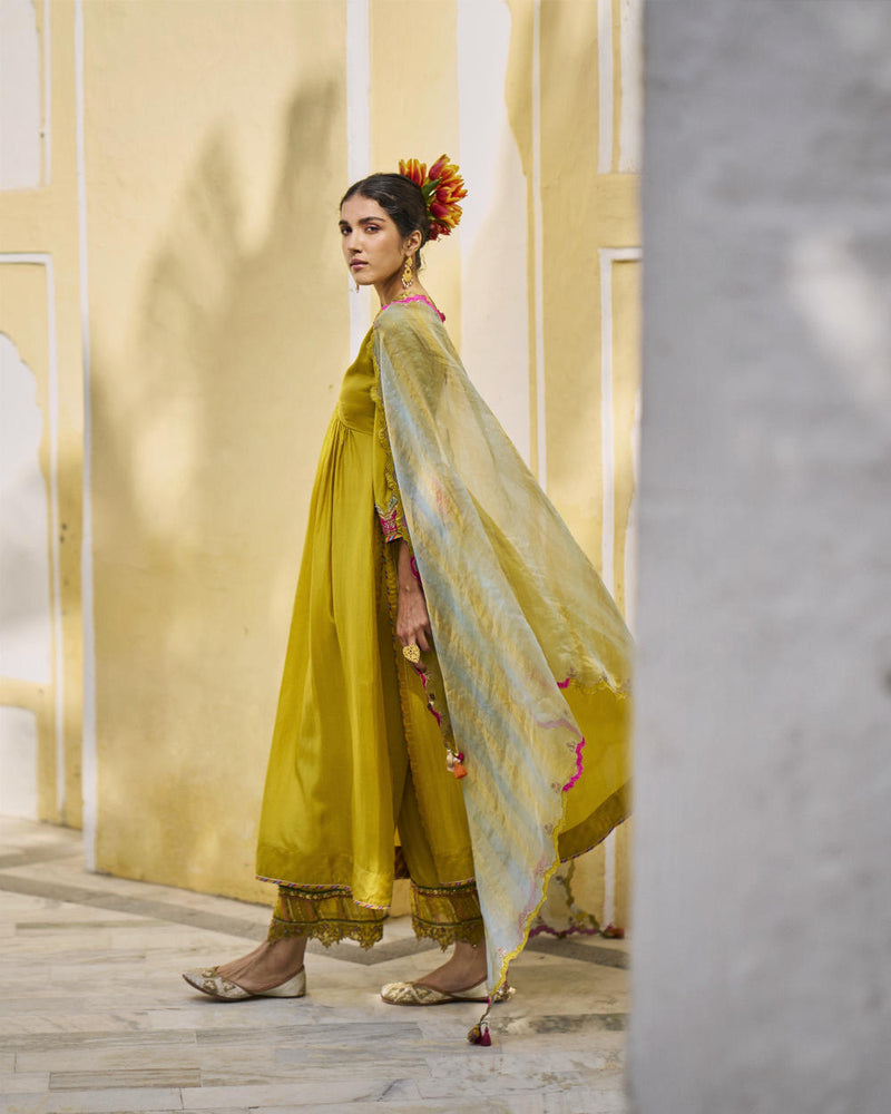 GUL LIME YELLOW BELL SLEEVE SILK KURTA SET silk by Rajiramniq for women in Singapore