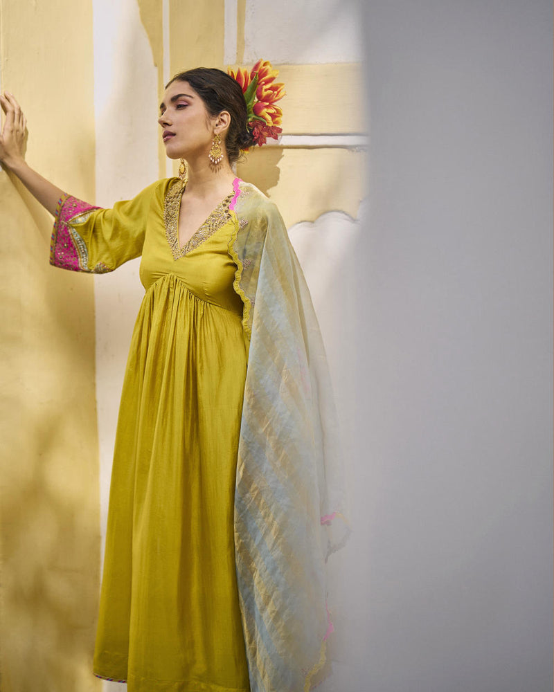 GUL LIME YELLOW BELL SLEEVE SILK KURTA SET silk by Rajiramniq for women in Singapore