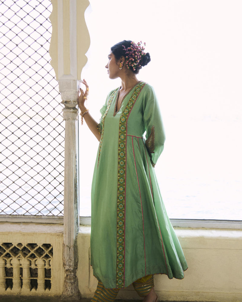 GUL SAGE GREEN SIDE KALI SILK KURTA SET silk by Rajiramniq for women in Singapore