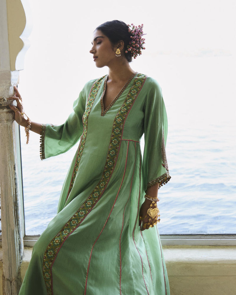 GUL SAGE GREEN SIDE KALI SILK KURTA SET silk by Rajiramniq for women in Singapore