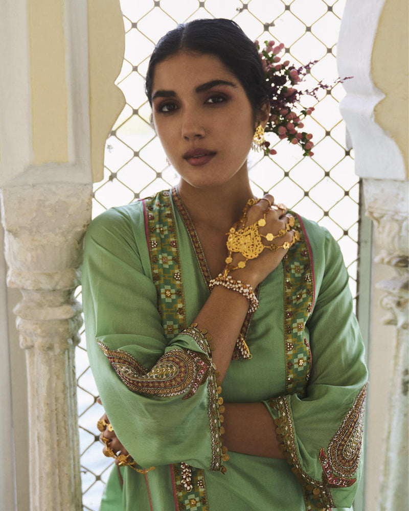 GUL SAGE GREEN SIDE KALI SILK KURTA SET silk by Rajiramniq for women in Singapore