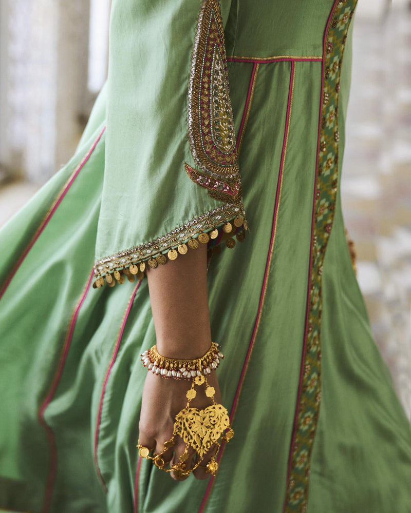 GUL SAGE GREEN SIDE KALI SILK KURTA SET silk by Rajiramniq for women in Singapore
