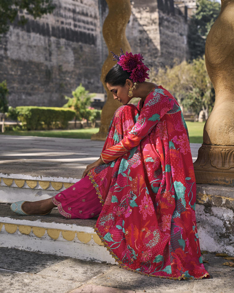 GUL JESTER RED PRINTED CREPE SHORT YOKE ANARKALI SET by Rajiramniq for women in Singapore
