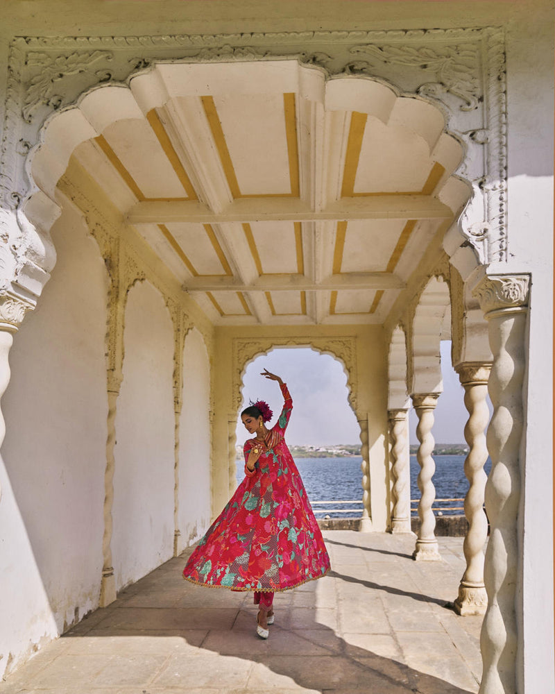 GUL JESTER RED PRINTED CREPE SHORT YOKE ANARKALI SET by Rajiramniq for women in Singapore