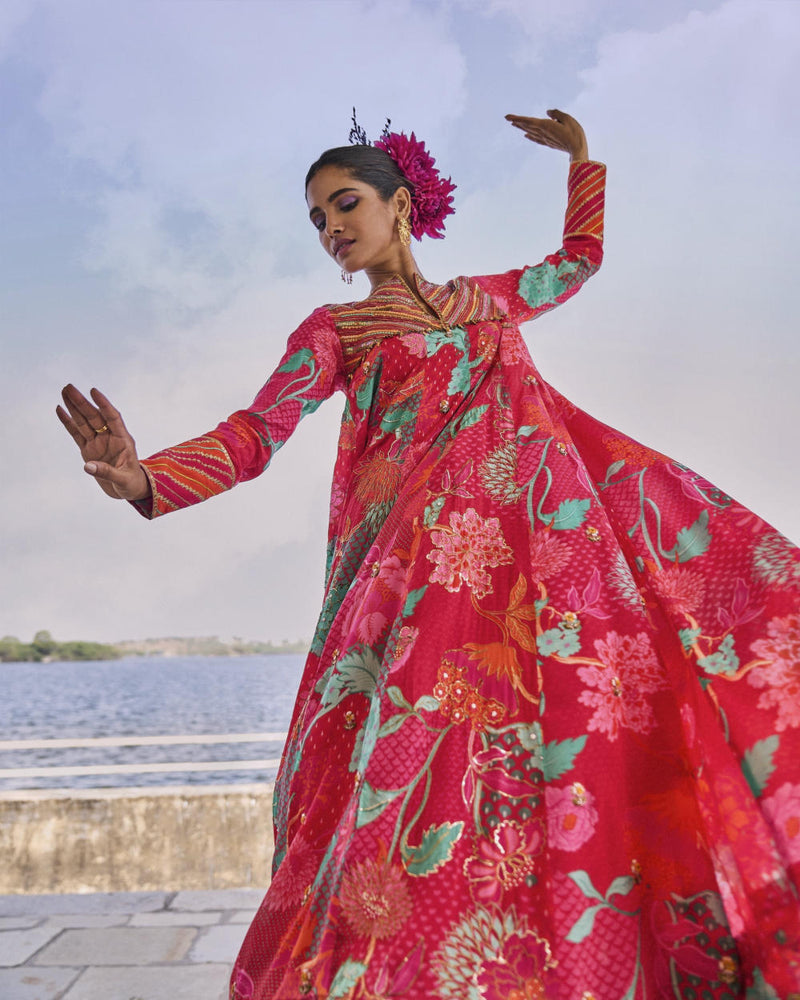 GUL JESTER RED PRINTED CREPE SHORT YOKE ANARKALI SET by Rajiramniq for women in Singapore