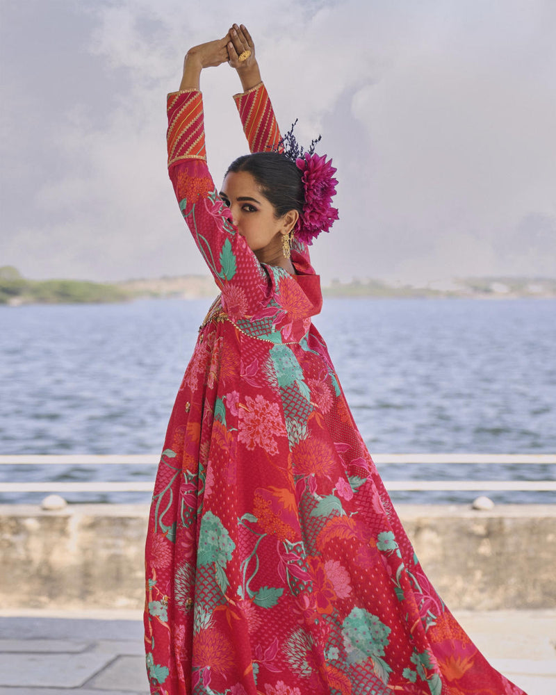 GUL JESTER RED PRINTED CREPE SHORT YOKE ANARKALI SET by Rajiramniq for women in Singapore