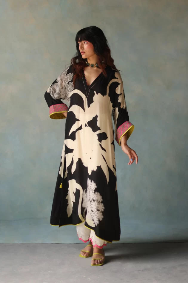 GUL BLACK AND IVORY FLOWER KAFTAN KURTA SET by Rajiramniq for women in Singapore