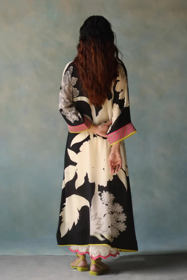 GUL BLACK AND IVORY FLOWER KAFTAN KURTA SET by Rajiramniq for women in Singapore