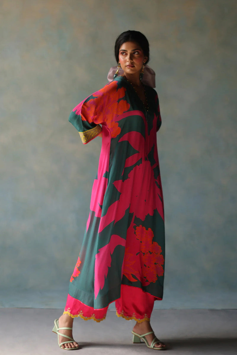 Gul Teal Flower Kaftan Kurta Set crepe , modal satin by Rajiramniq in blue for women in Singapore
