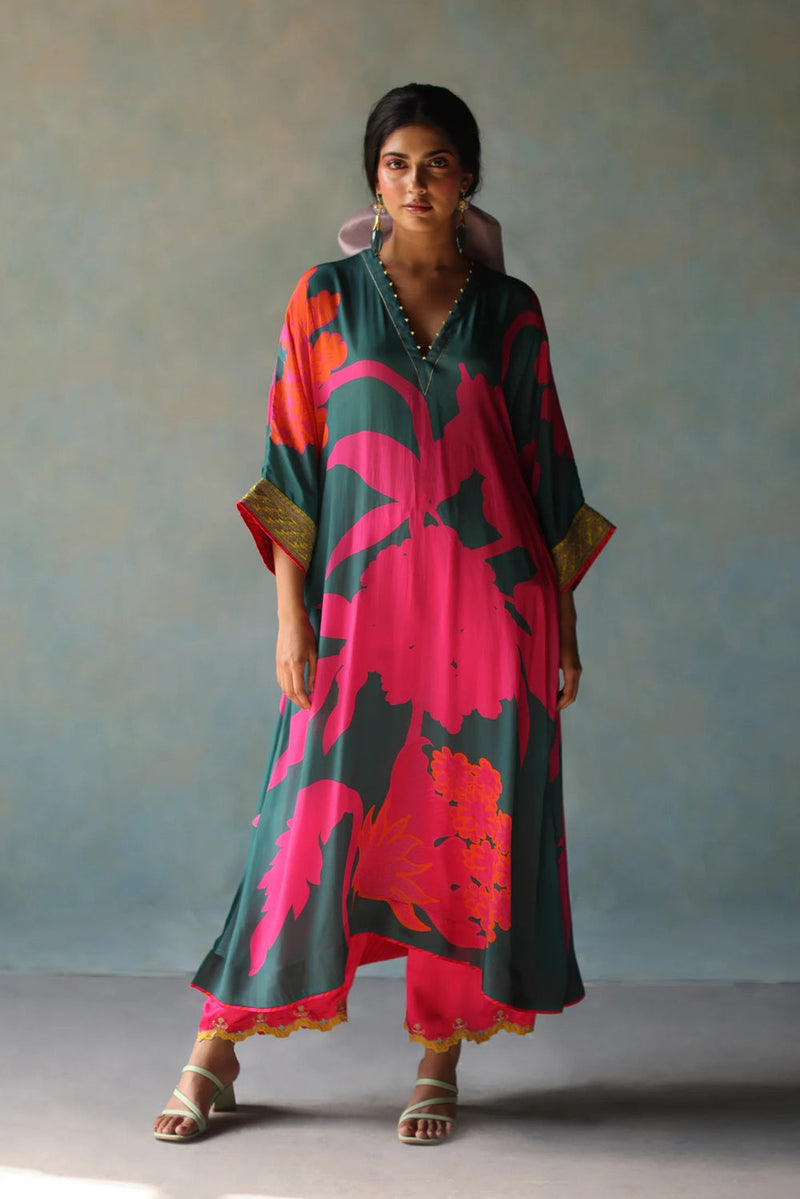Gul Teal Flower Kaftan Kurta Set crepe , modal satin by Rajiramniq in blue for women in Singapore