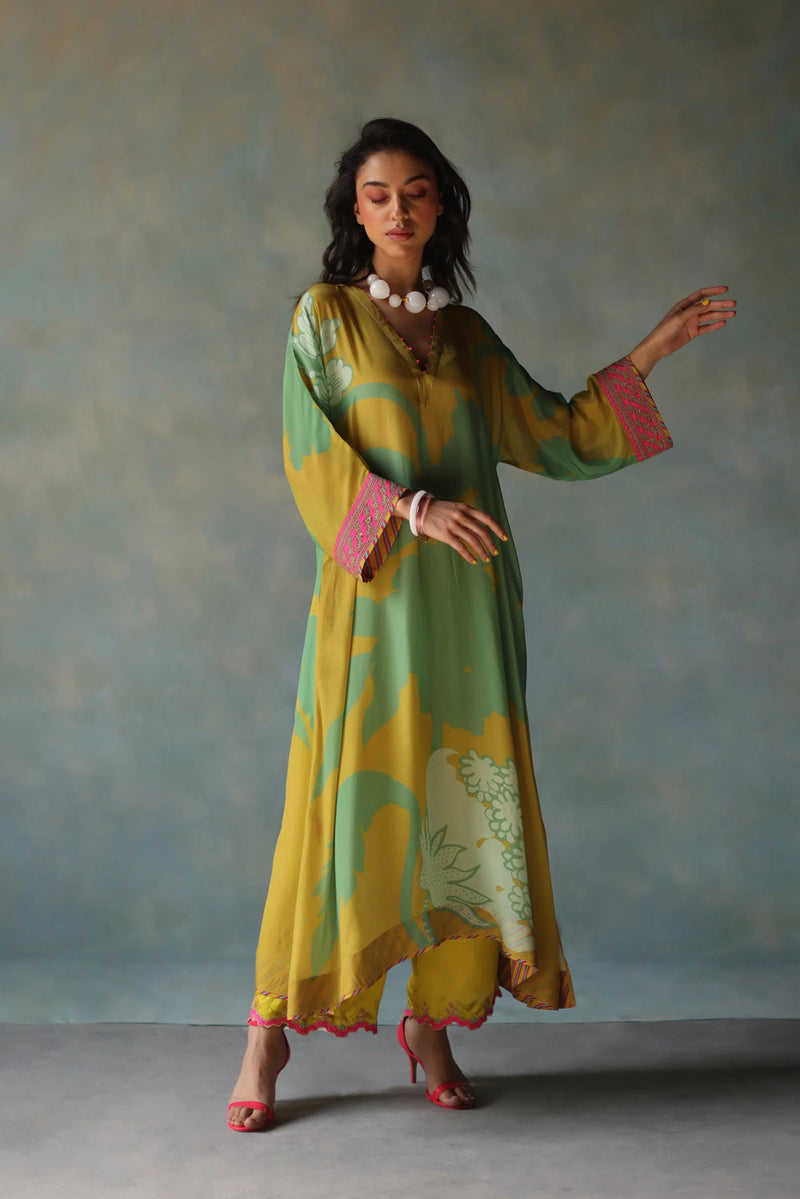 Gul Lime Yellow Flower Kaftan Kurta Set crepe , modal satin by Rajiramniq in yellow for women in Singapore