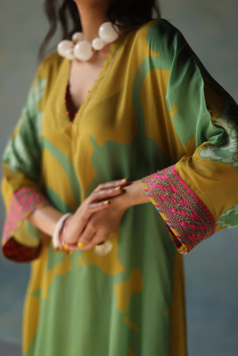 Gul Lime Yellow Flower Kaftan Kurta Set crepe , modal satin by Rajiramniq in yellow for women in Singapore
