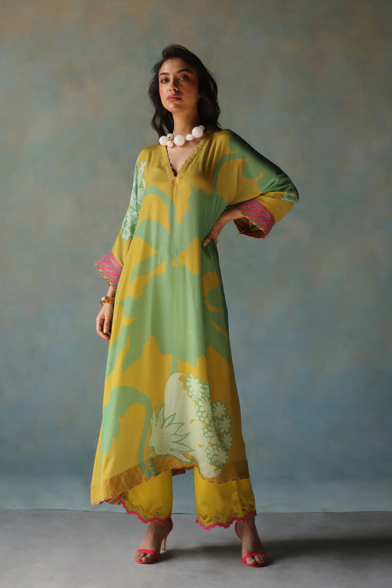 Gul Lime Yellow Flower Kaftan Kurta Set crepe , modal satin by Rajiramniq in yellow for women in Singapore