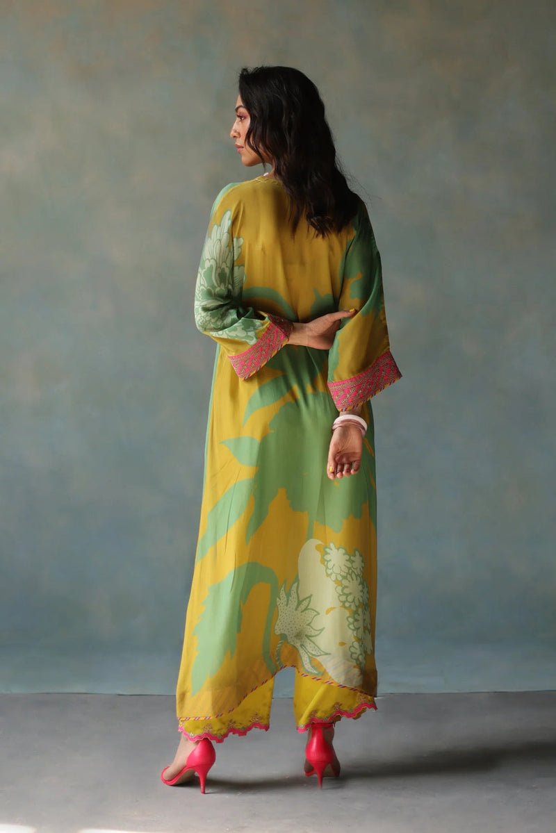 Gul Lime Yellow Flower Kaftan Kurta Set crepe , modal satin by Rajiramniq in yellow for women in Singapore