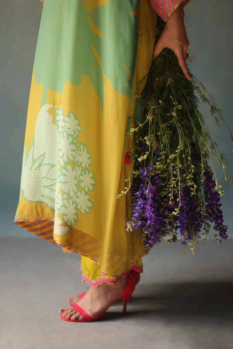 Gul Lime Yellow Flower Kaftan Kurta Set crepe , modal satin by Rajiramniq in yellow for women in Singapore