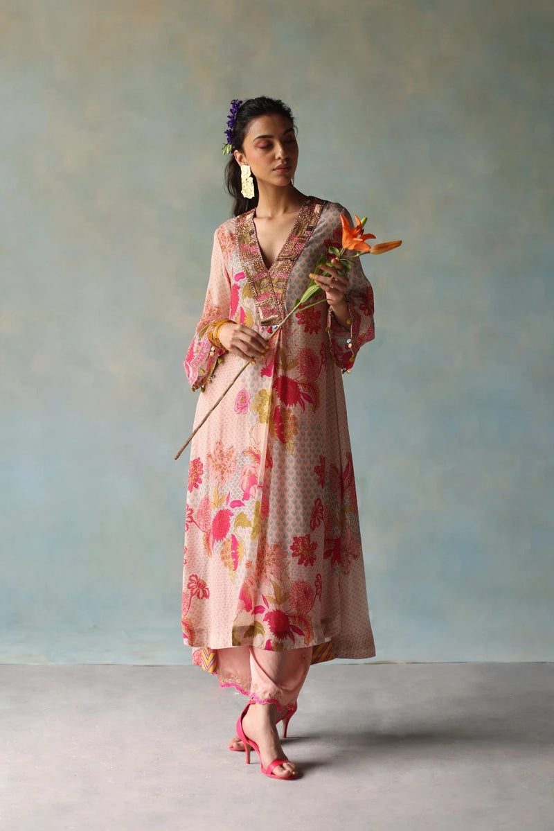 GUL NUDE PINK PRINTED FRONT PLEAT KURTA SET by Rajiramniq for women in Singapore