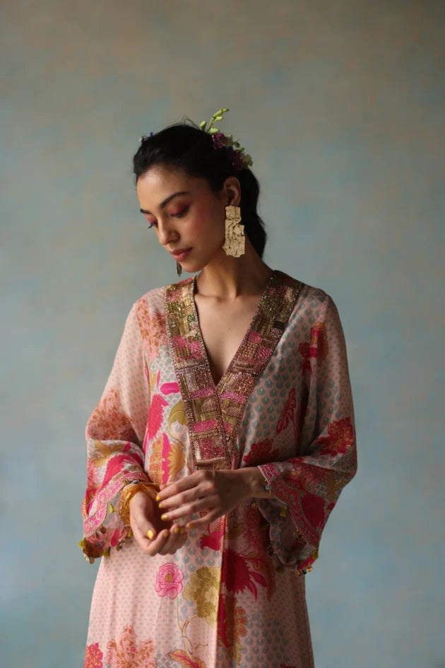 GUL NUDE PINK PRINTED FRONT PLEAT KURTA SET by Rajiramniq for women in Singapore