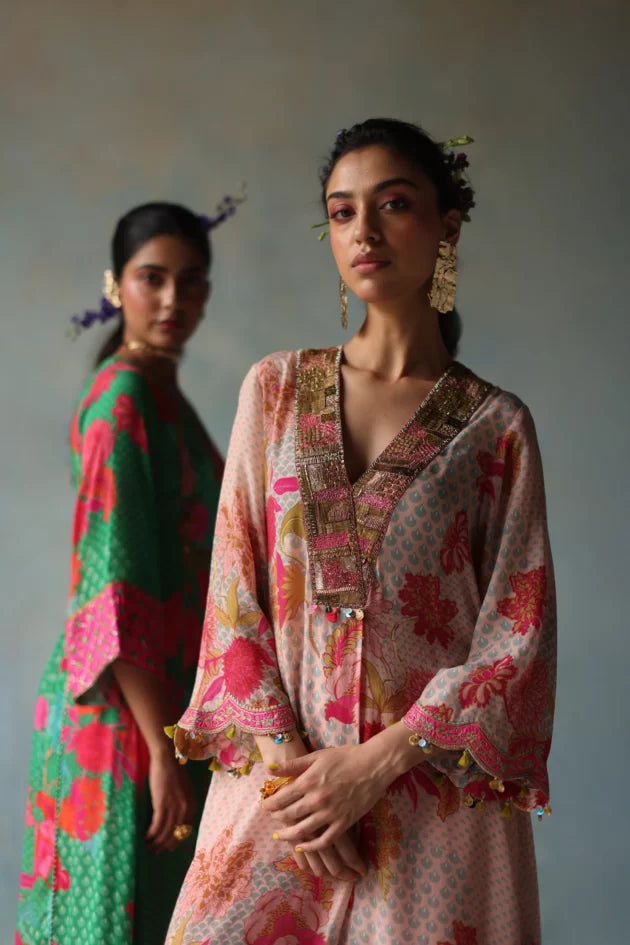 GUL NUDE PINK PRINTED FRONT PLEAT KURTA SET by Rajiramniq for women in Singapore